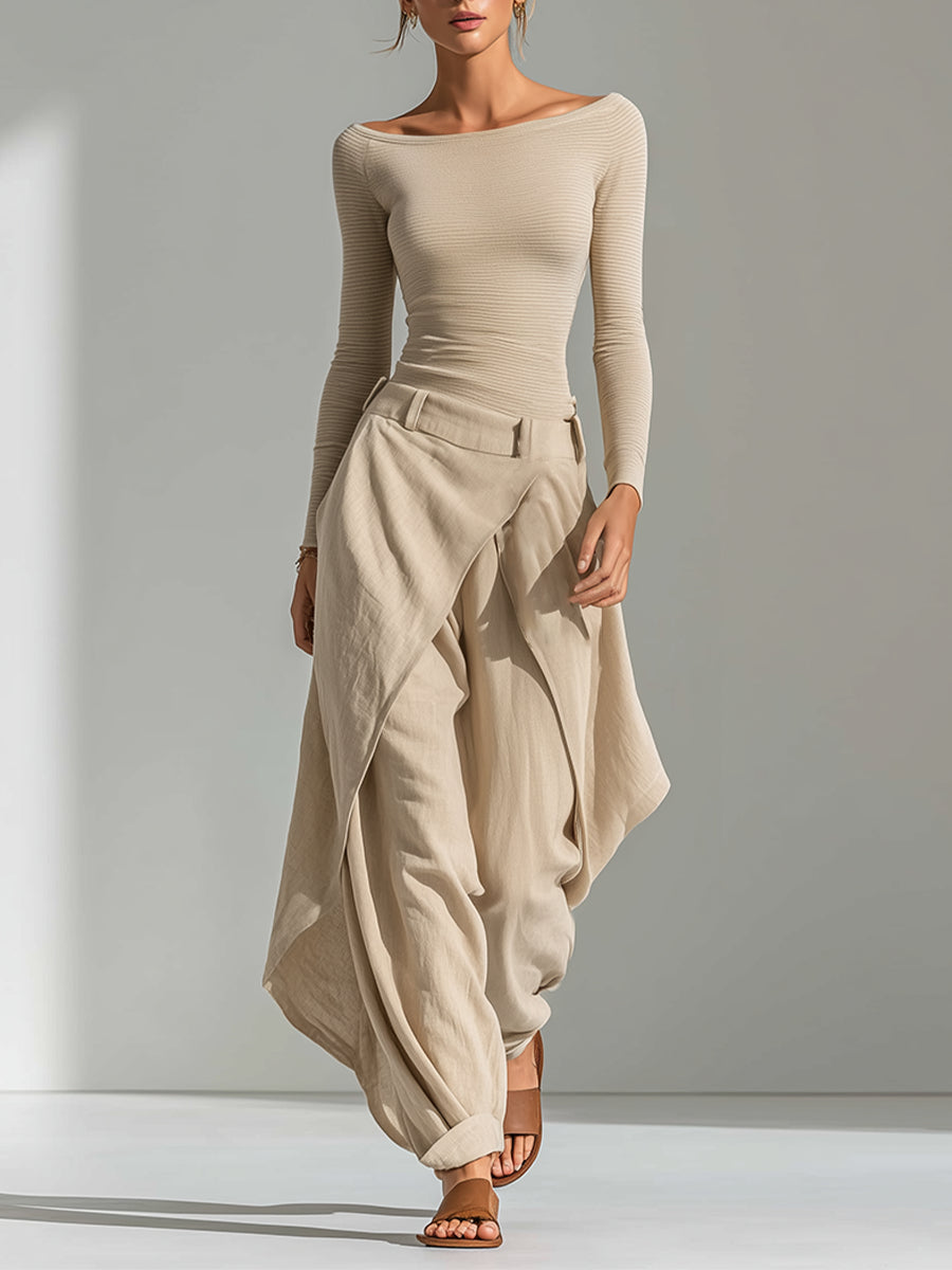Éveline | Completo Top Beige Collo a Barchetta e Pantalone Largo a Volant