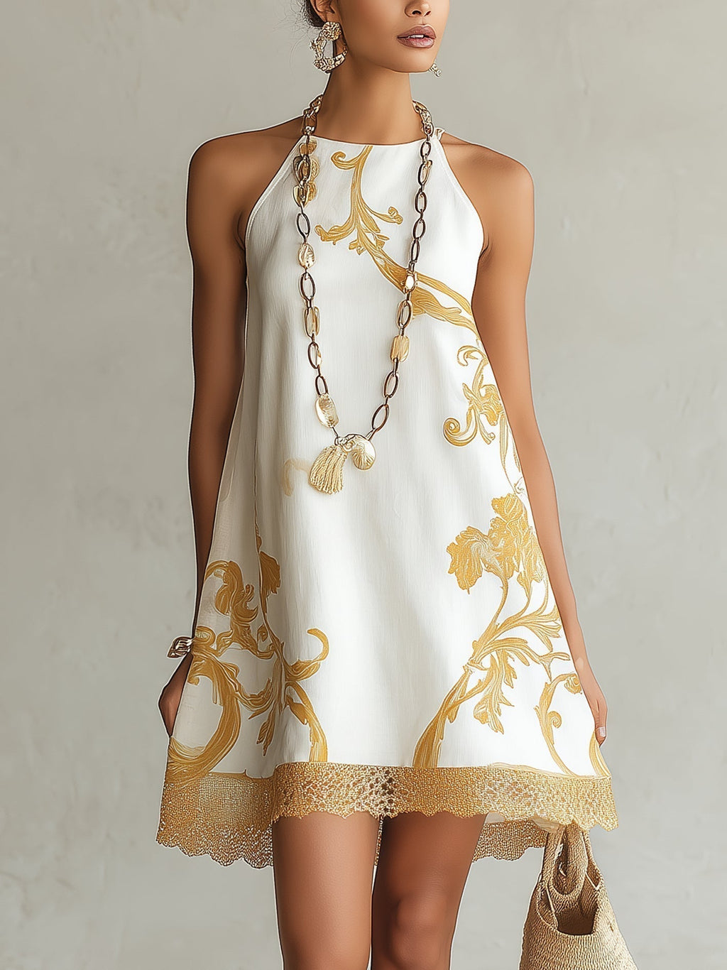 Héloïse | Mini Abito in Pizzo Bianco con Motivi Dorati