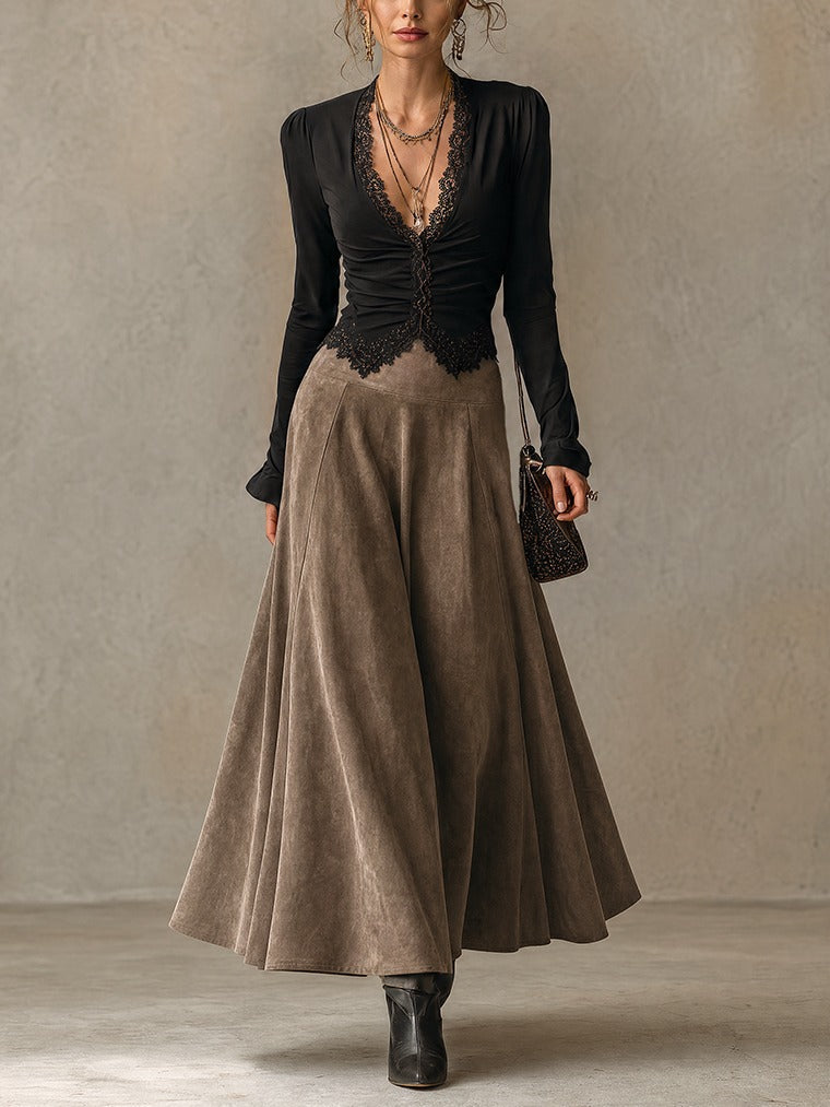 Albane | Completo Top in Pizzo e Gonna Lunga Scamosciata, Nero e Tortora