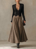 Albane | Completo Top in Pizzo e Gonna Lunga Scamosciata, Nero e Tortora