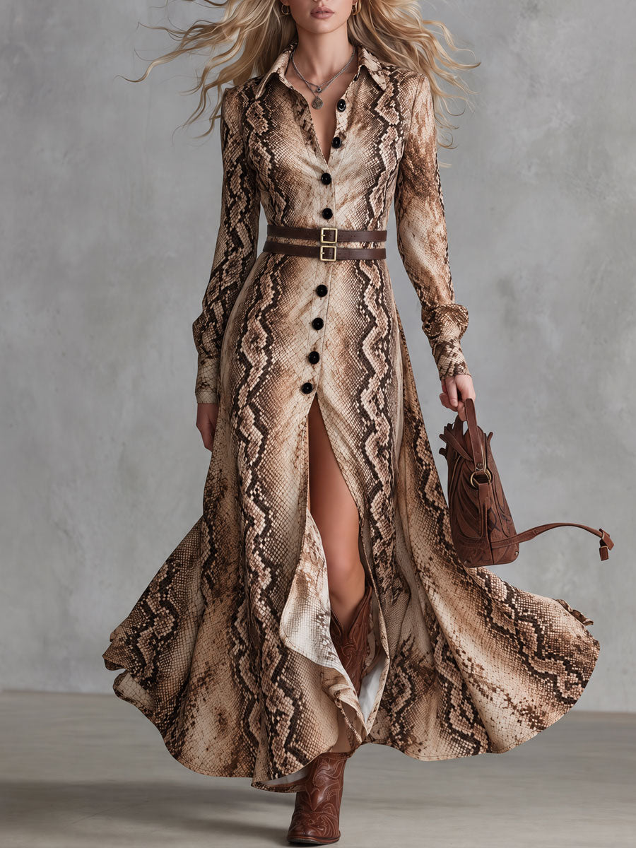 Esther | Abito Lungo Vintage Stampa Rettile Marrone con Doppia Spallina e Spacco