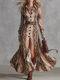 Esther | Abito Lungo Vintage Stampa Rettile Marrone con Doppia Spallina e Spacco