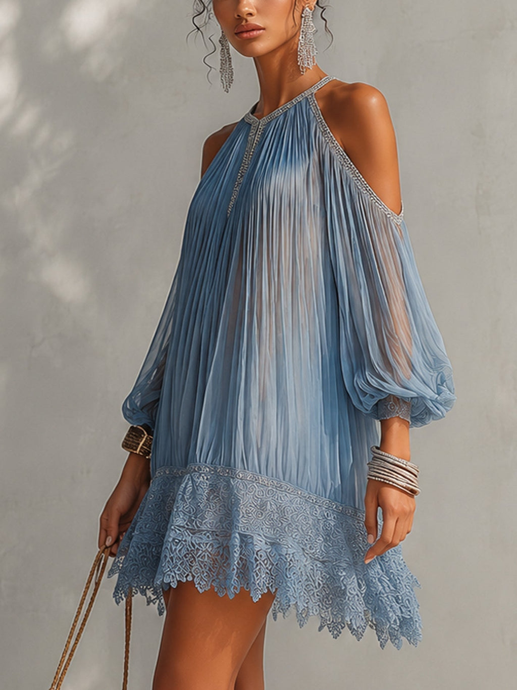 Céleste | Mini Abito Blu Spalle Scoperte con Orlo in Pizzo