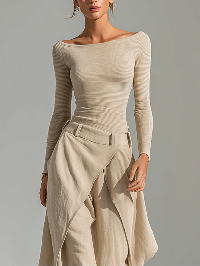 Éveline | Completo Top Beige Collo a Barchetta e Pantalone Largo a Volant