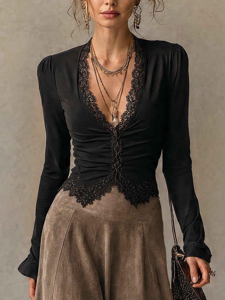 Albane | Completo Top in Pizzo e Gonna Lunga Scamosciata, Nero e Tortora