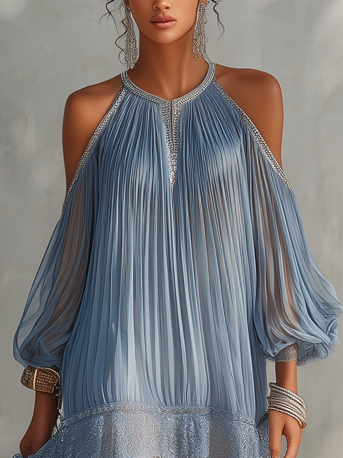 Céleste | Mini Abito Blu Spalle Scoperte con Orlo in Pizzo