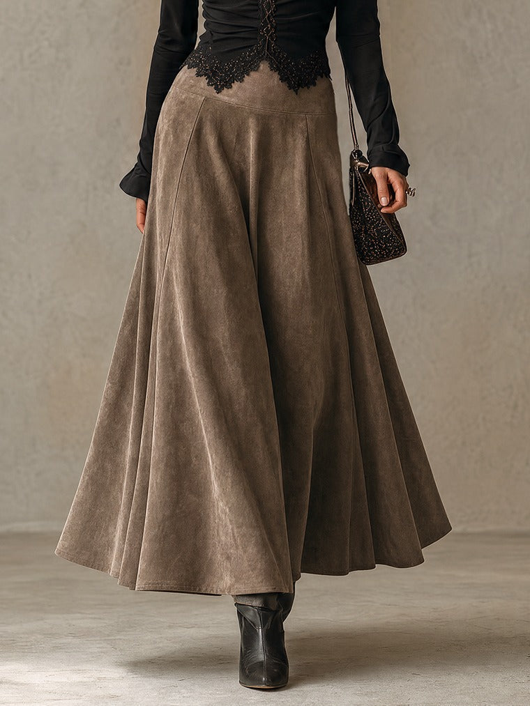 Albane | Completo Top in Pizzo e Gonna Lunga Scamosciata, Nero e Tortora