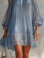 Céleste | Mini Abito Blu Spalle Scoperte con Orlo in Pizzo