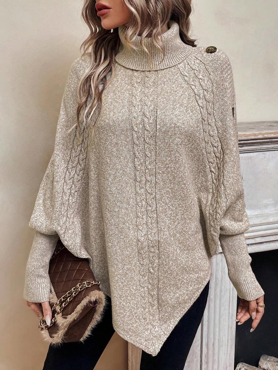 Alexis | Maglione poncho a collo alto con maniche a pipistrello, pullover asimmetrico in maglia a trecce