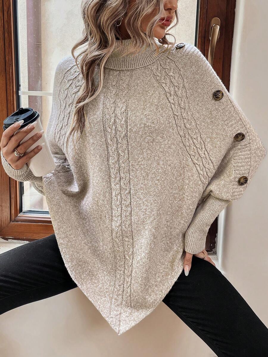 Alexis | Maglione poncho a collo alto con maniche a pipistrello, pullover asimmetrico in maglia a trecce