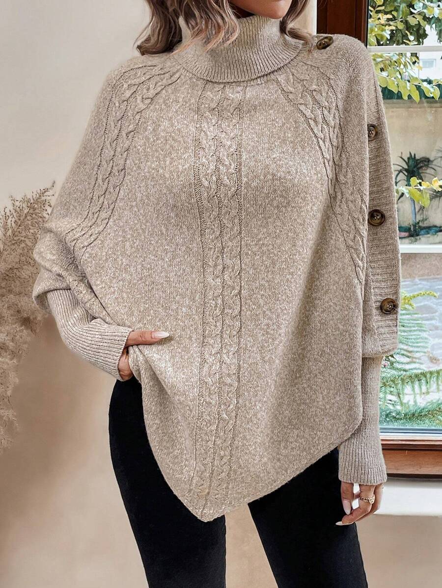 Alexis | Maglione poncho a collo alto con maniche a pipistrello, pullover asimmetrico in maglia a trecce