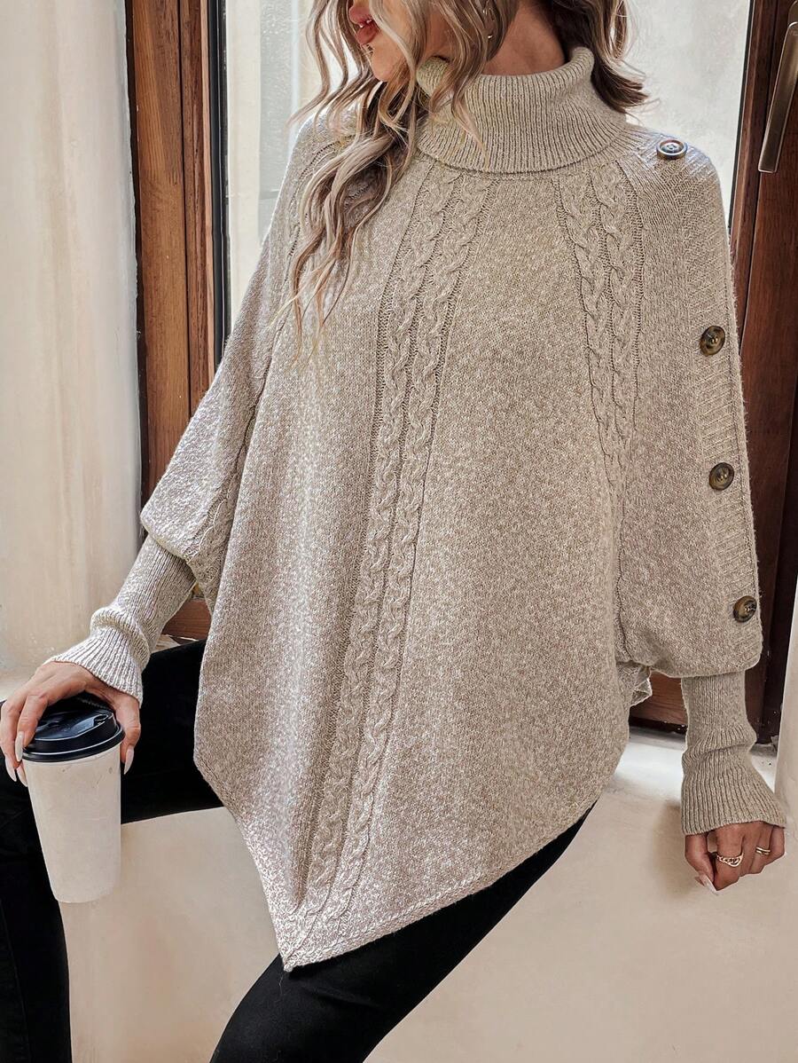 Alexis | Maglione poncho a collo alto con maniche a pipistrello, pullover asimmetrico in maglia a trecce