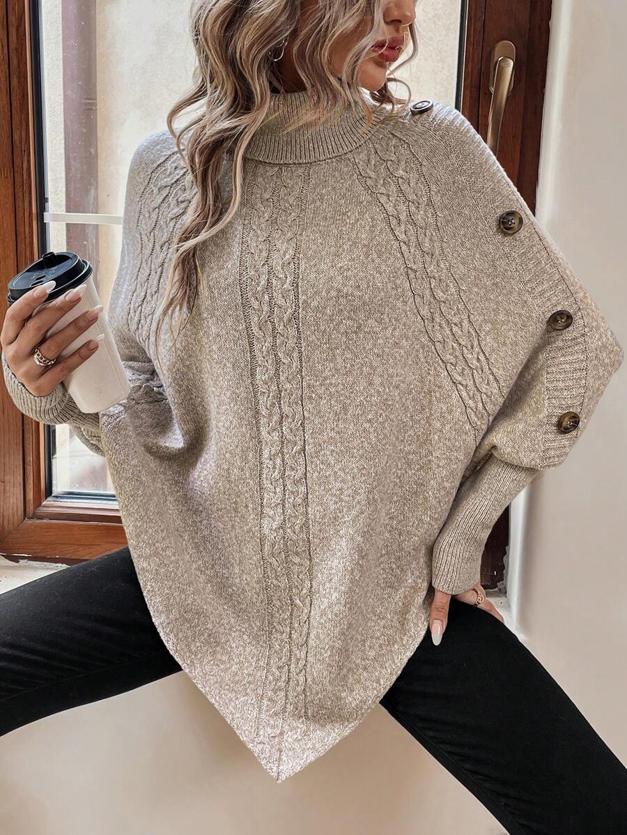 Alexis | Maglione poncho a collo alto con maniche a pipistrello, pullover asimmetrico in maglia a trecce