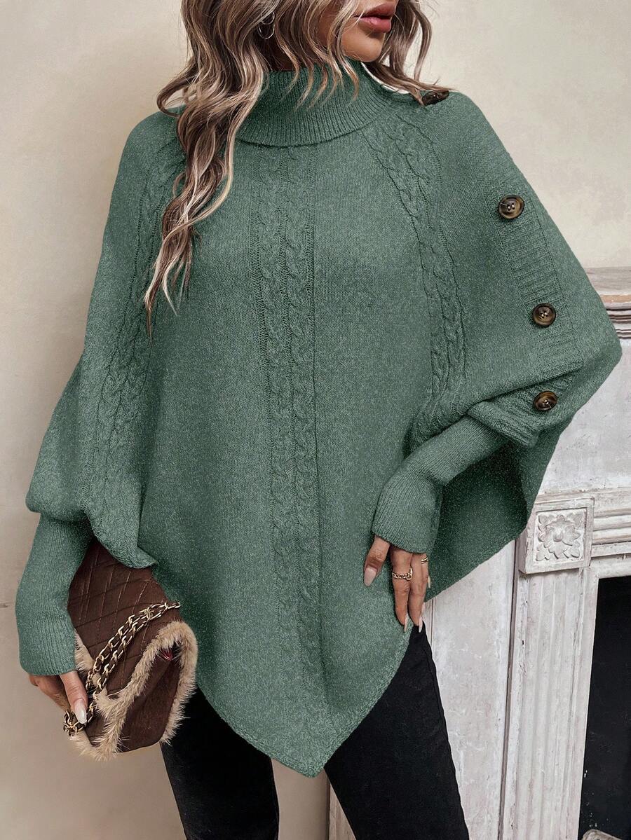 Alexis | Maglione poncho a collo alto con maniche a pipistrello, pullover asimmetrico in maglia a trecce
