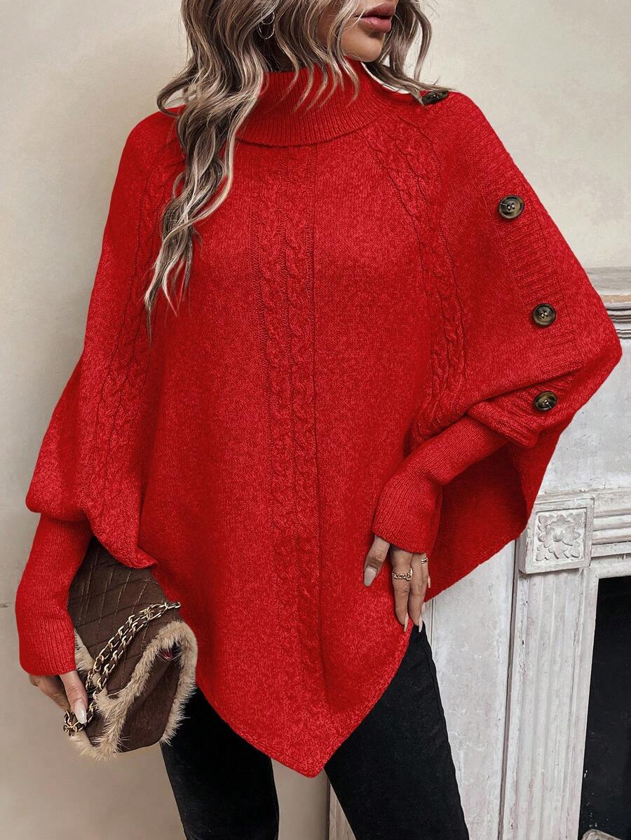 Alexis | Maglione poncho a collo alto con maniche a pipistrello, pullover asimmetrico in maglia a trecce