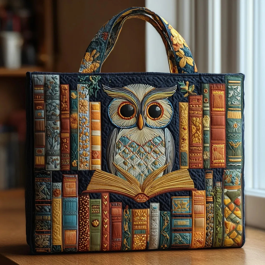 Borsa shopper artigianale - Gufo e libri vintage