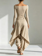 Delphine | Completo Top Beige Collo a Barchetta e Pantalone Largo a Volant