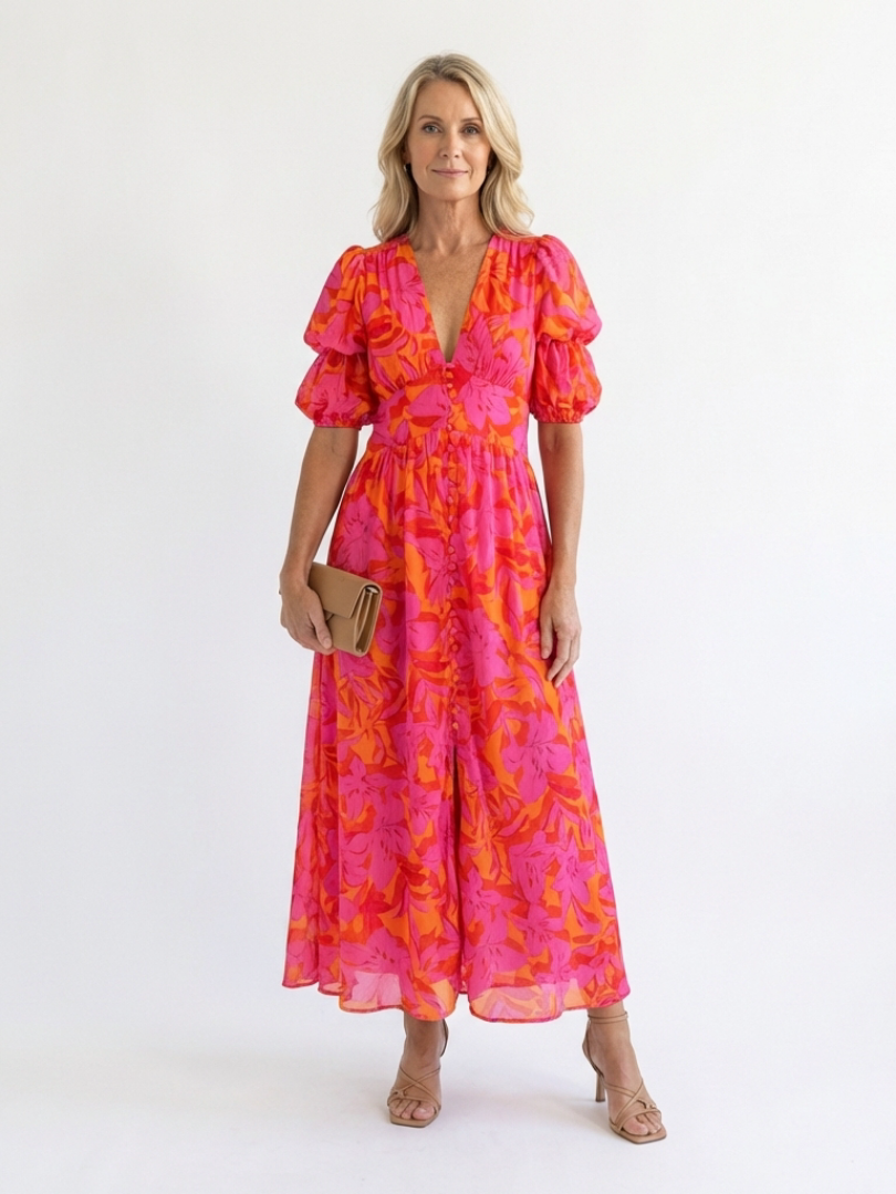 Stella & Grace™ | Abito Midi Floreale a Maniche a Sbuffo con Scollo a V