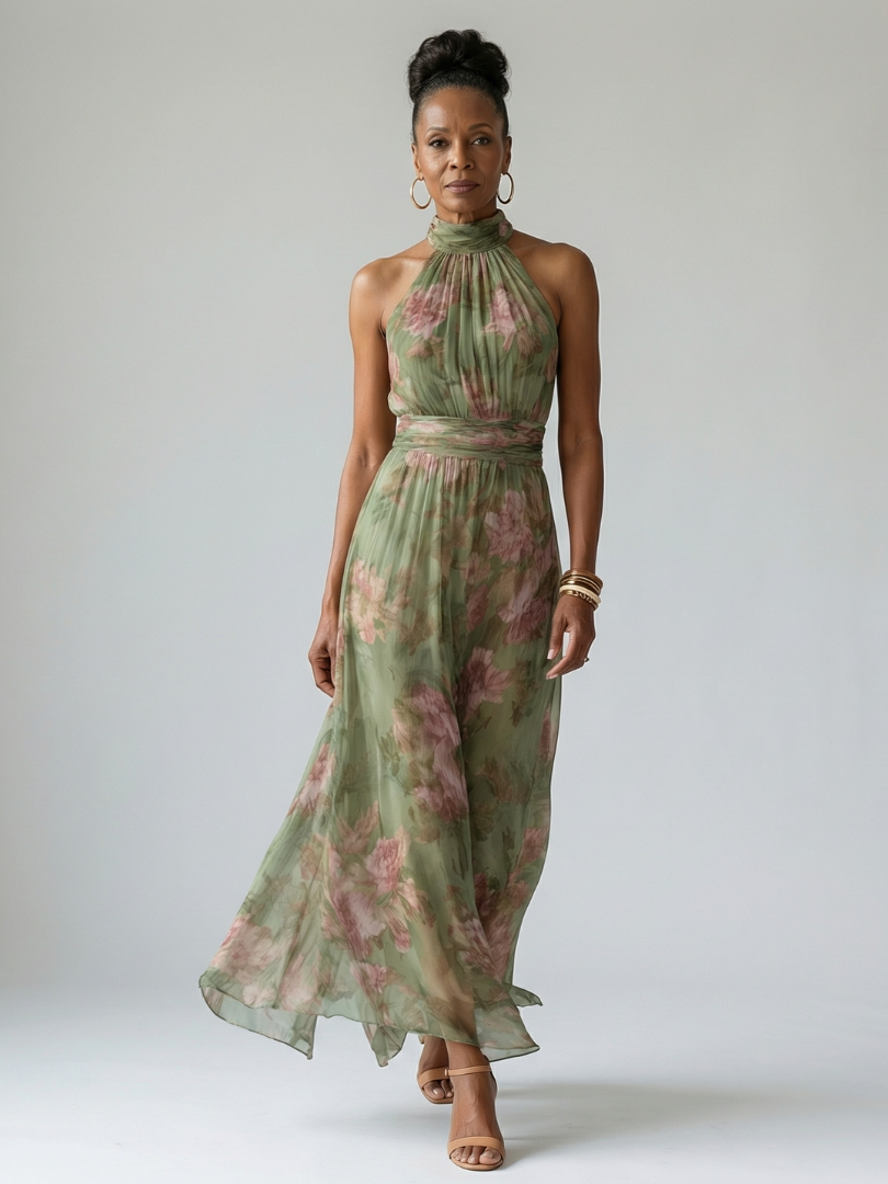Vestito Midi Floreale con Collo Halter