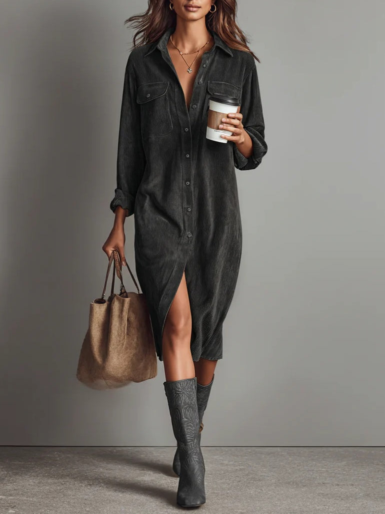 Béatrice | Vestito Midi in Velluto a Coste con Tasche e Bottone Unico