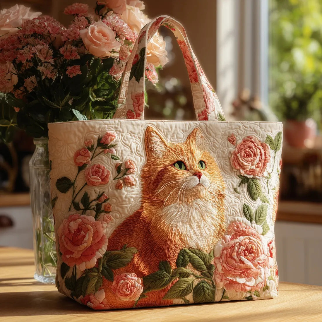Borsa artigianale - Gatto rosso con rose