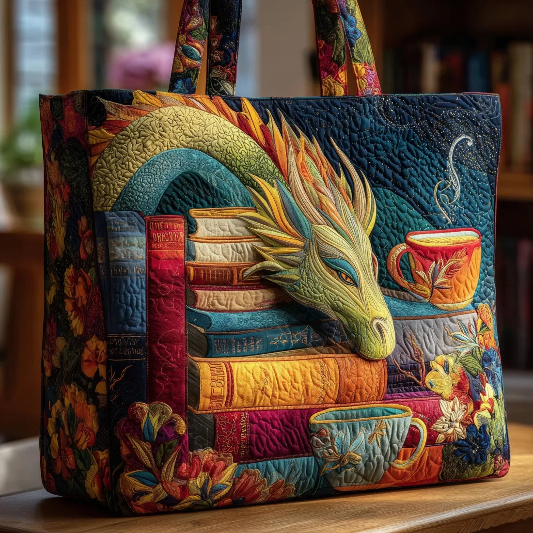 Borsa artigianale - Drago lettore con libri e tazze