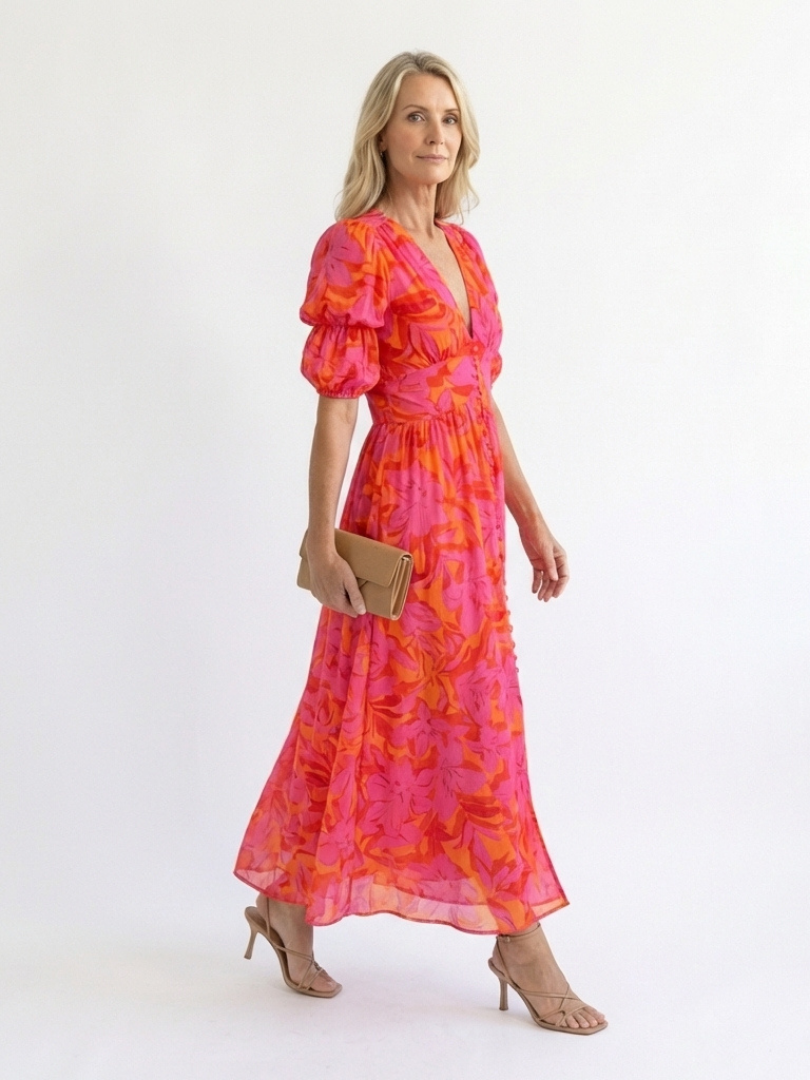 Stella & Grace™ | Abito Midi Floreale a Maniche a Sbuffo con Scollo a V