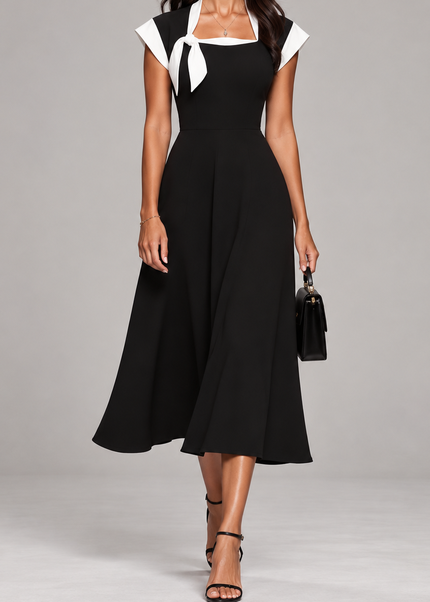 Ariane | Abito Midi Donna con Scollo Quadrato e Maniche Colorblock