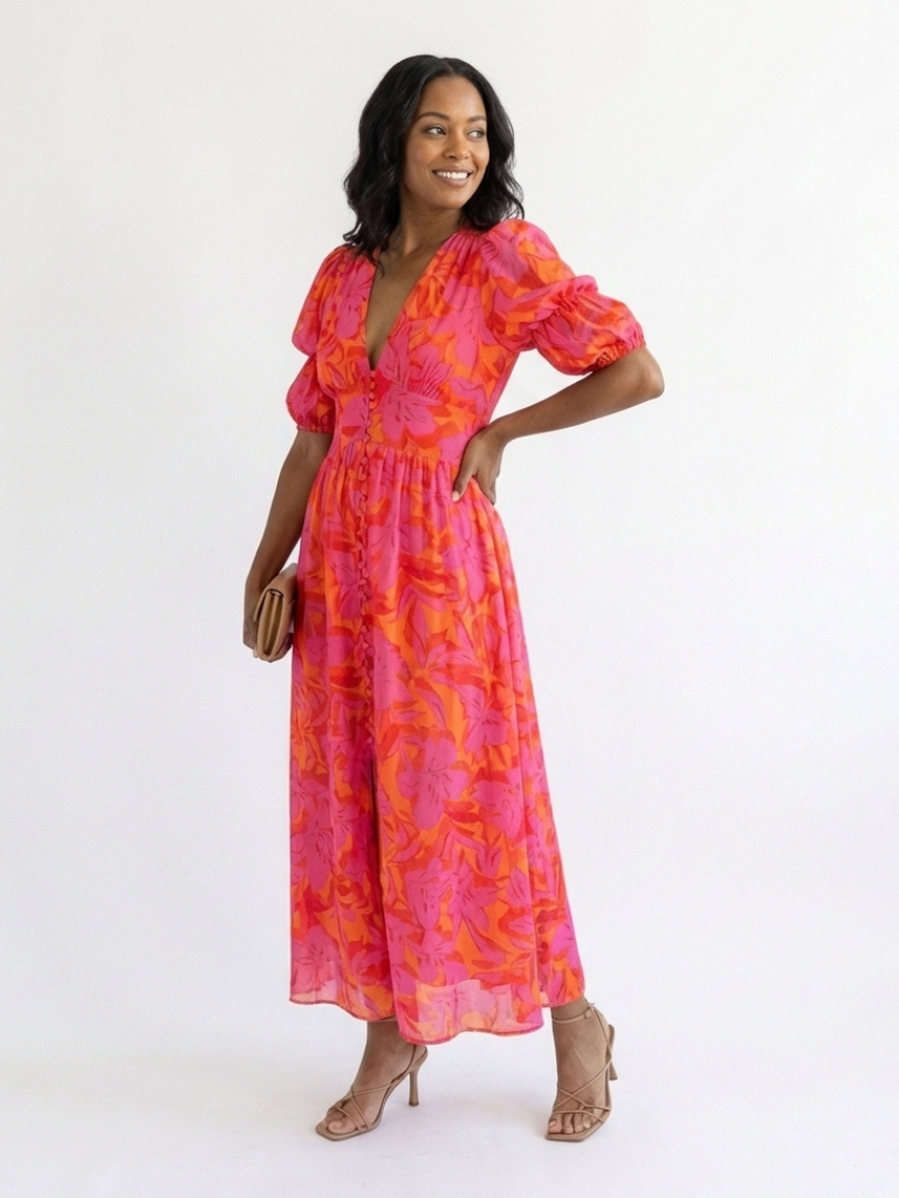 Stella & Grace™ | Abito Midi Floreale a Maniche a Sbuffo con Scollo a V