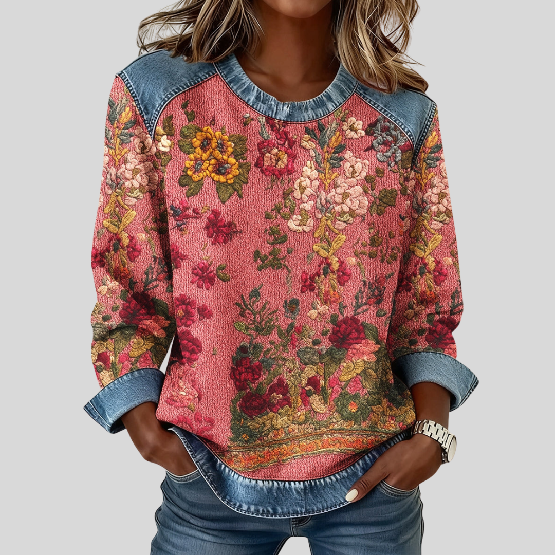 Orabelle™ | Felpa a fantasia floreale con bordi in denim