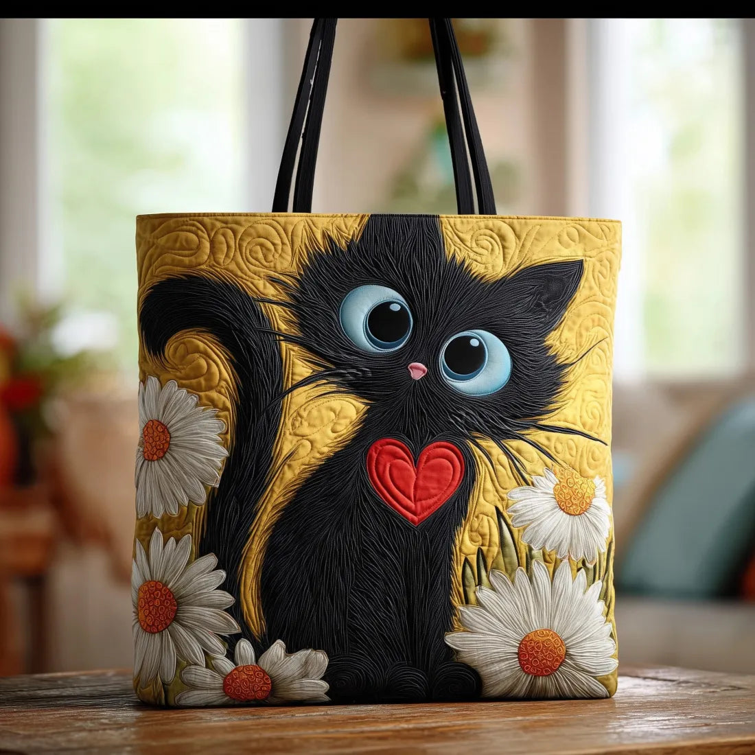 Borsa artigianale - Gatto nero con margherite