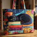 Borsa shopper artigianale - Gatto nero con libri e tazze