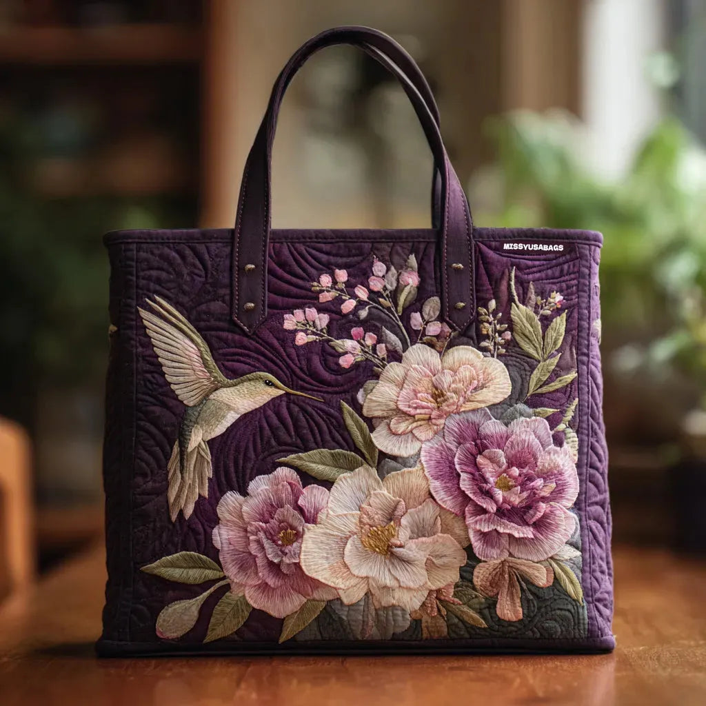 Borsa trapuntata artigianale - Colibrì e orchidee