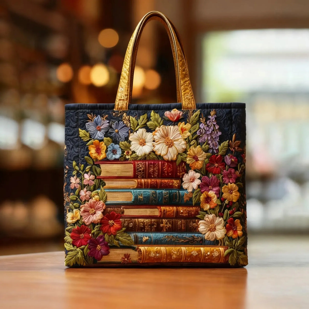 Borsa shopper artigianale - Stampa floreale e libri