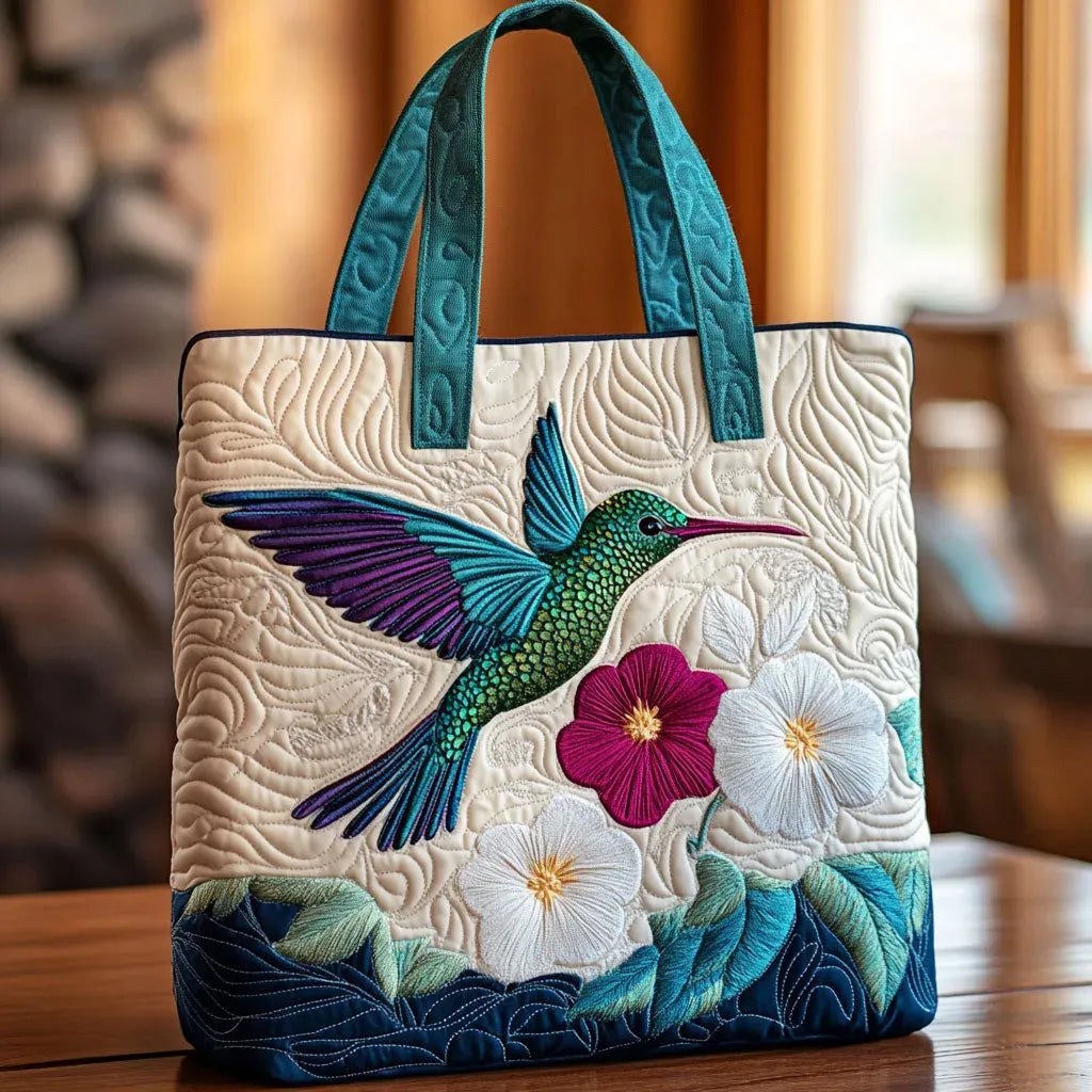 Borsa trapuntata - Colibrì e fiore bianco