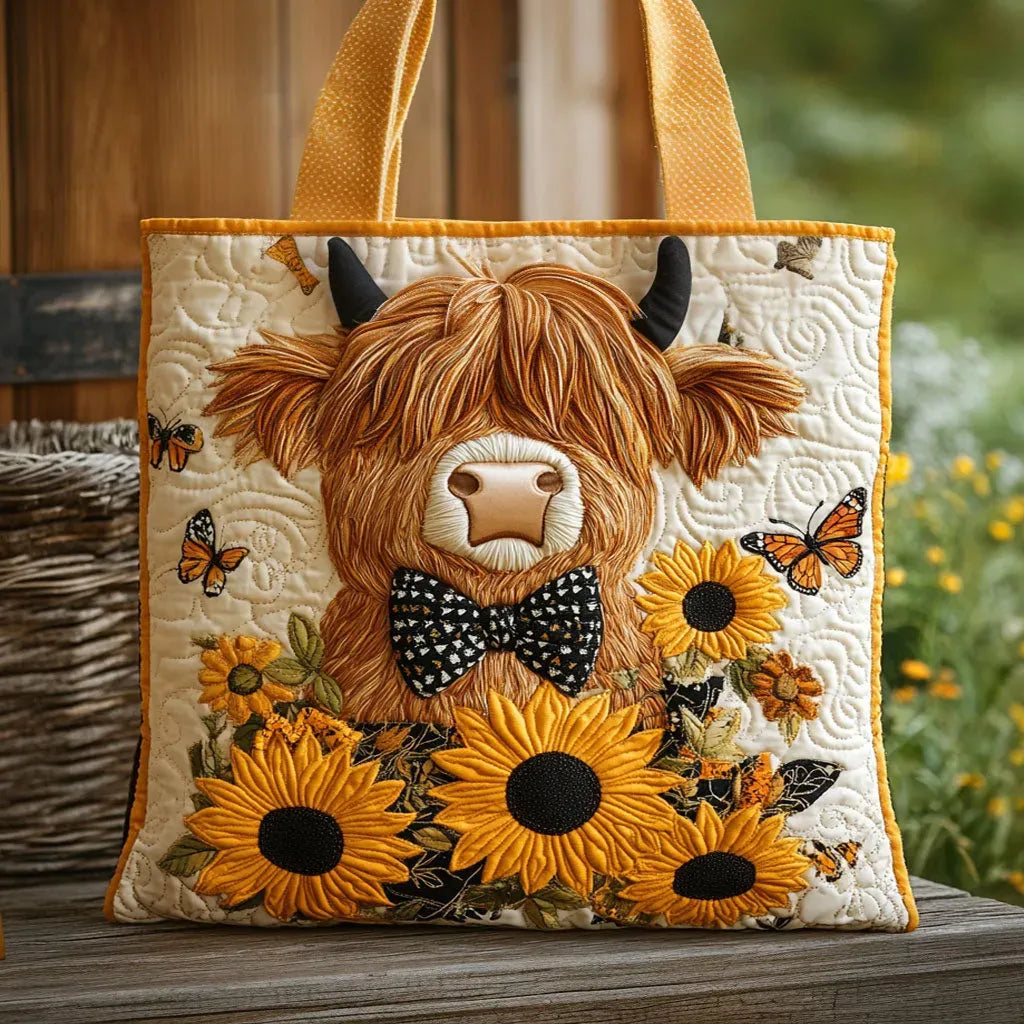 Borsa trapuntata - Mucca Highland con girasoli