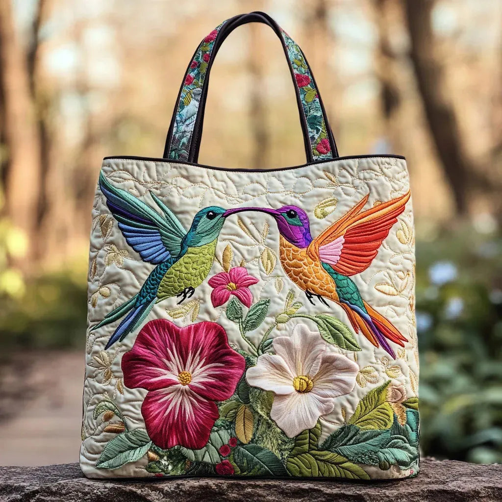 Borsa trapuntata - Colibrì e fiori bianchi