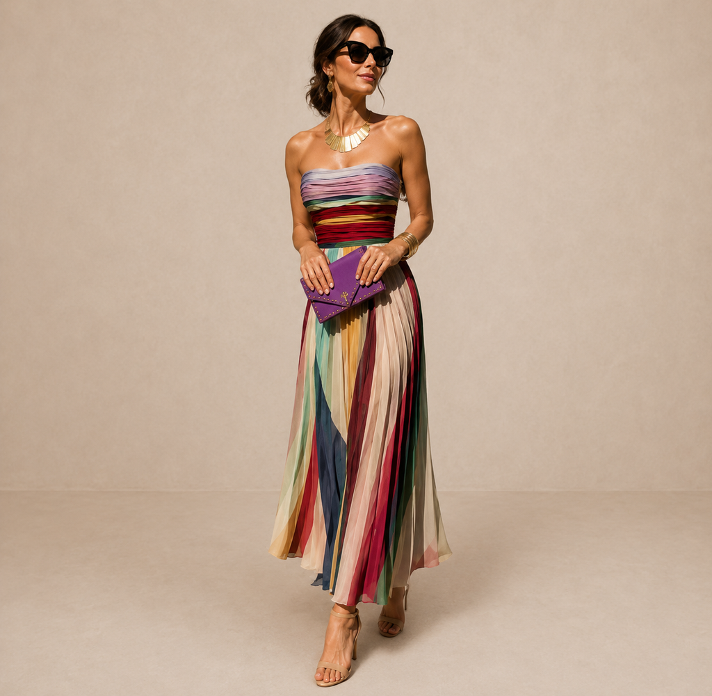 Vestito Maxi Plissettato Senza Spalline