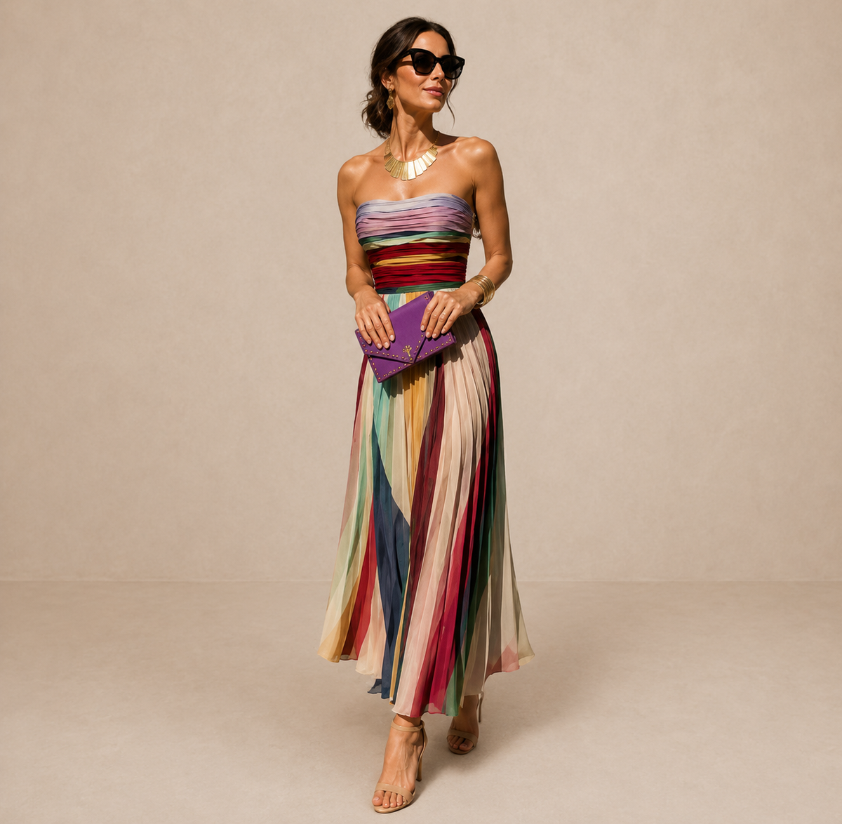 Vestito Maxi Plissettato Senza Spalline