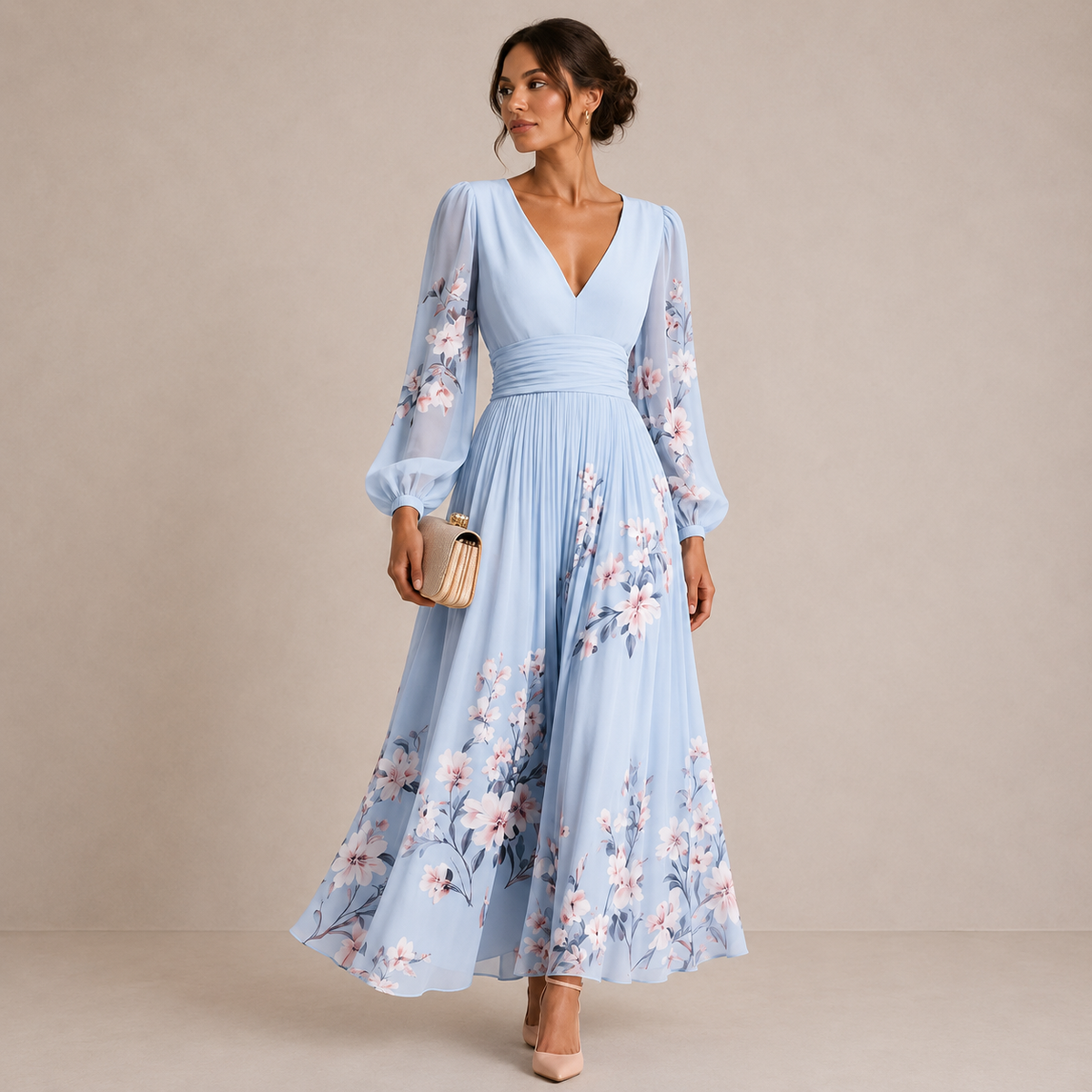 Vestito Midi con Maniche a Sbuffo