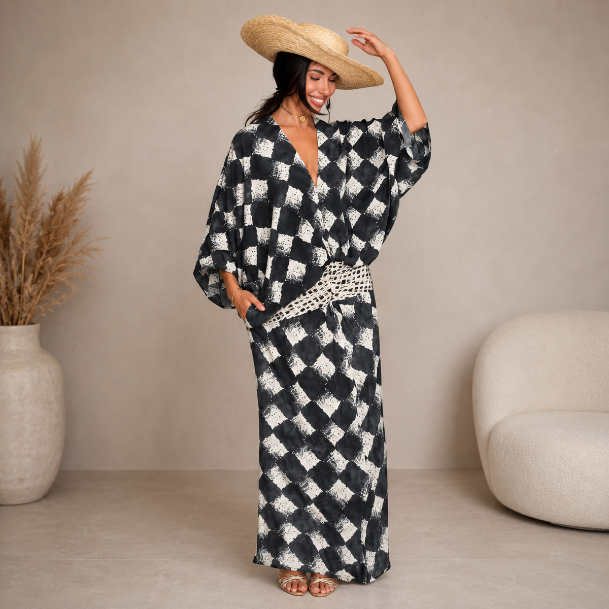 Vestito Maxi a Stampa Monocromatica