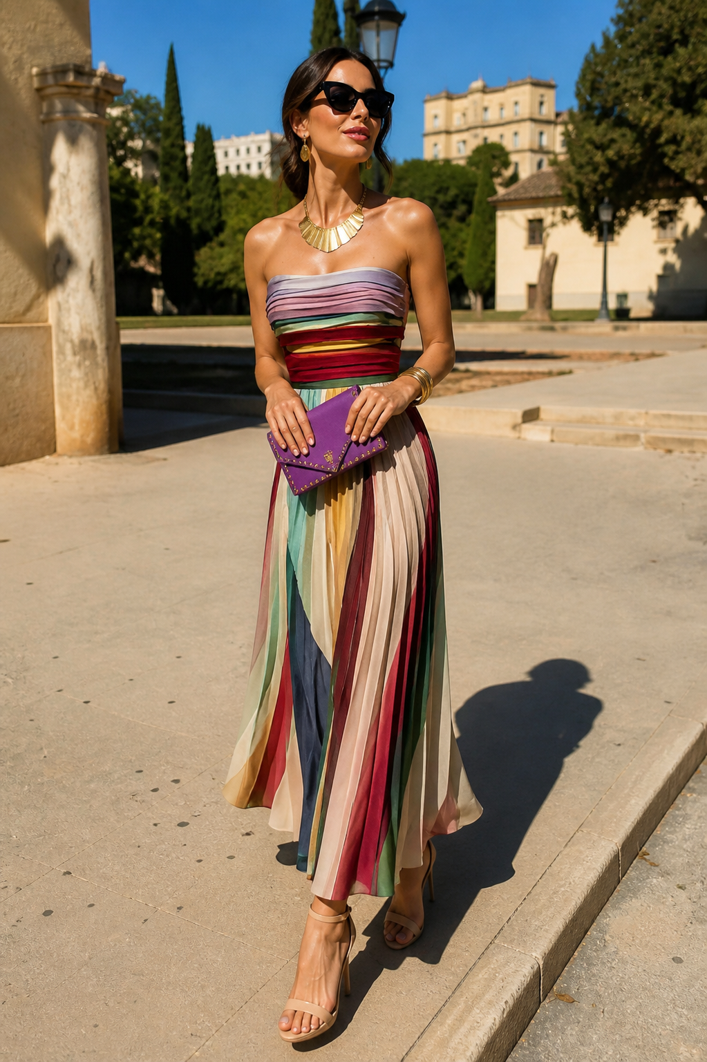 Vestito Maxi Plissettato Senza Spalline