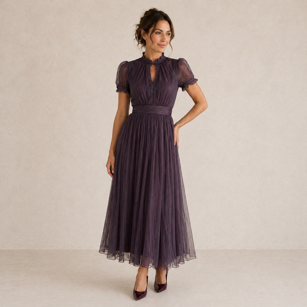 Vestito Midi Plissettato con Maniche a Sbuffo