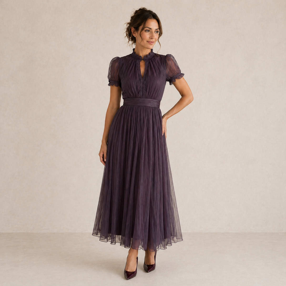 Vestito Midi Plissettato con Maniche a Sbuffo