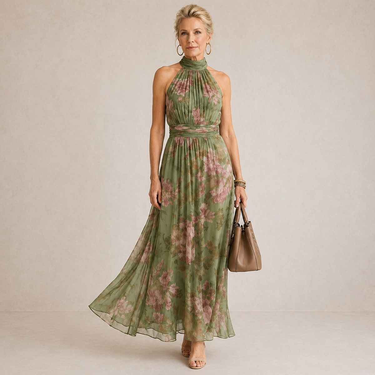 Vestito Midi Floreale con Collo Halter