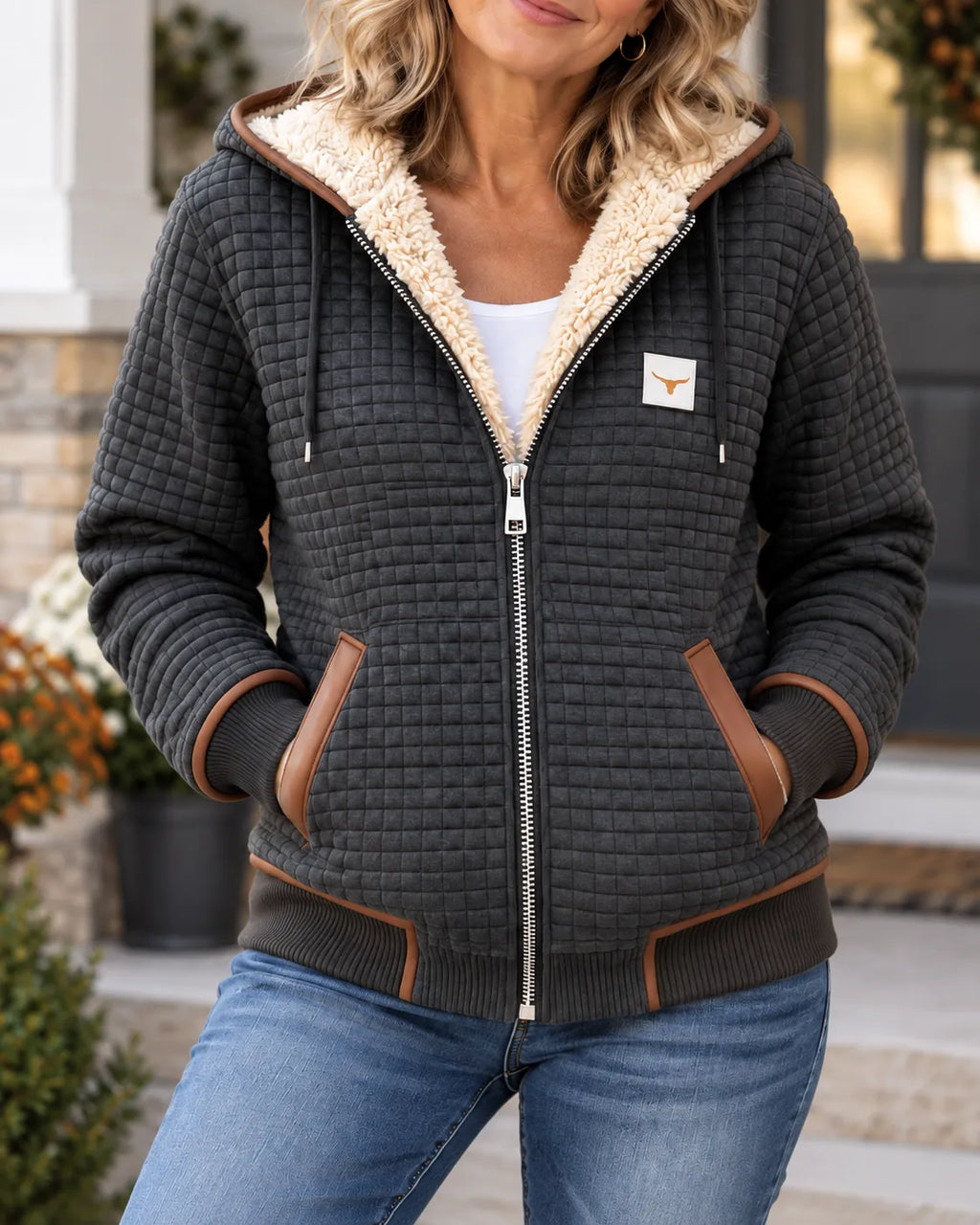 Sandra | Giacca trapuntata con zip e cappuccio foderata in sherpa