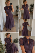 Vestito Midi Plissettato con Maniche a Sbuffo