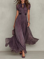 Vestito Midi Plissettato con Maniche a Sbuffo
