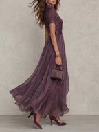 Vestito Midi Plissettato con Maniche a Sbuffo