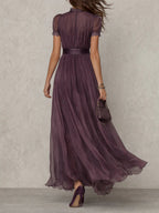 Vestito Midi Plissettato con Maniche a Sbuffo